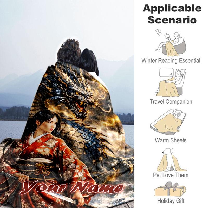 1PC Custom Name Dragon Kimono Warrior flannel blanket versatile,all-season throw suitable for the living room,bedroom,camping,travel,and gift