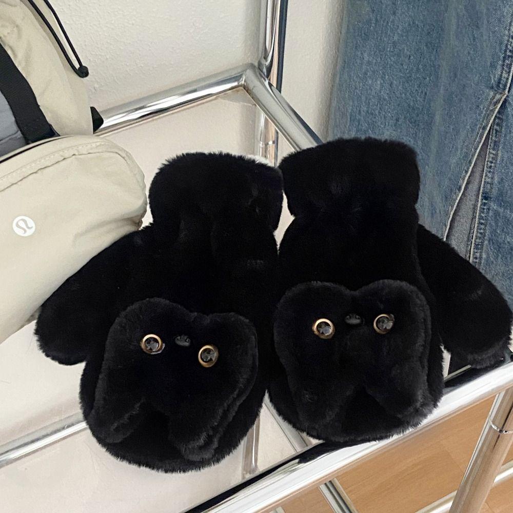 Cartoon Black Cat Fur Gloves Cute Cat Halter Gloves Soft Kitty Mitten  Riding