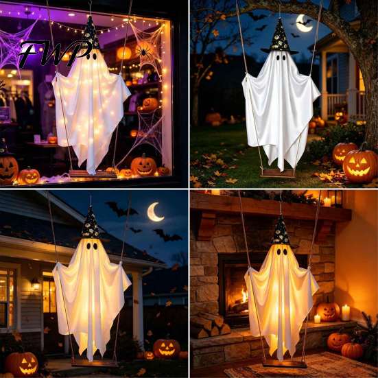 Witch Hat Ghost Ornament Halloween Swing Hanging Decoration, with LED Decoration String Light, Remote Control Light-up for Holiday Party Lighted