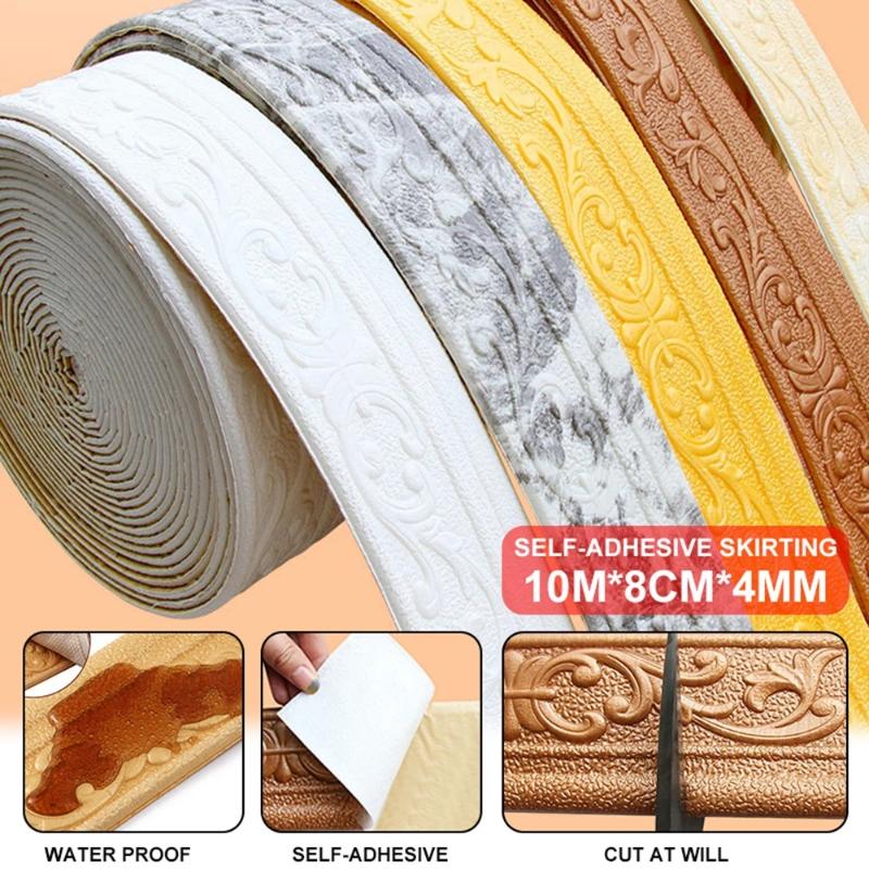 10M 3D Self-adhesive Wall Trim Line Skirting Border Waterproof Baseboard Wallpaper Sticker for Living Room Home Decoration