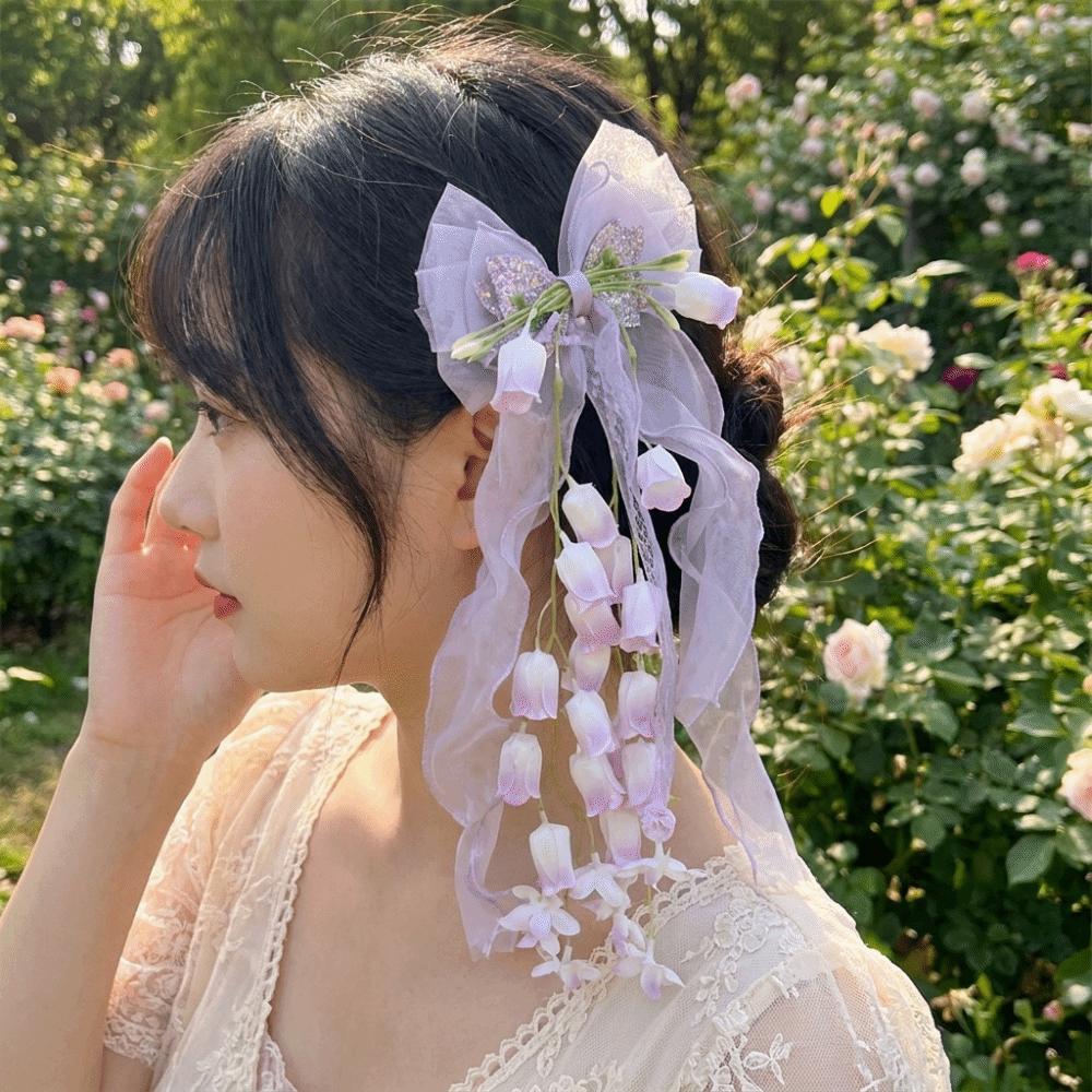 Sweet Bell Orchid Ribbon Barrettes Floral Designs Lolita Dress Hair Accessories Party