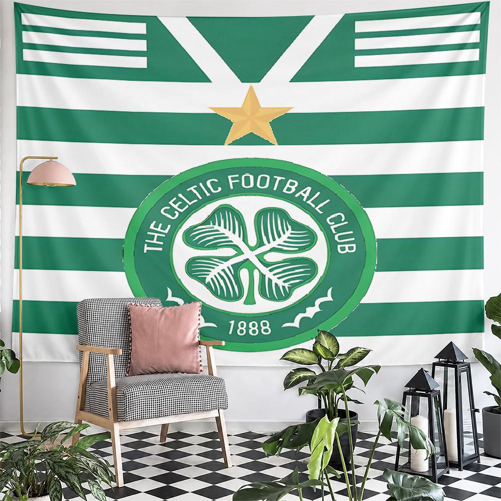 Celtic Football Club Crest Wall Tapestry Green White Hoops Clover Badge 1888 Gold Star Fan Art Decor for Man Cave Gift