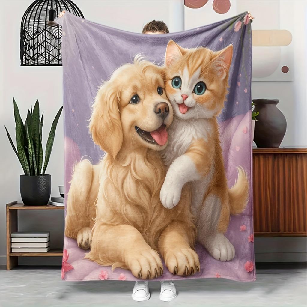 Милое Одеяло-Плед с Изображением Обнимающихся Собаки и Кошки, Очаровательный Дизайн с Рисунками Питомцев для Декора Детской Комнаты, Мягкая Фланелевая Ткань