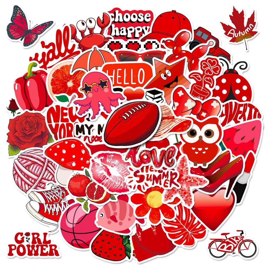50 Pcs New Red Mixed Stickers VSCO Red Small Fresh Stickers Cute Cartoon Personalized Luggage Stickers