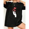Black Oversized T Shirt With White Hand And Red Hearts Print For Casual Wear