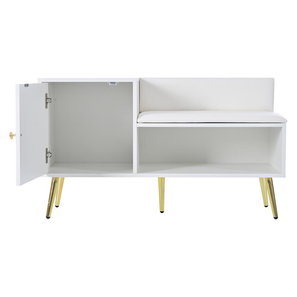 Luxurious Shoe Chest in White with Storage, Upholstered Bench and Backrest - Shoe Rack with Metal Handles and Legs - for Entryway - W100/D40/H58 cm