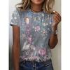 Summer Round Neck 3D Flower Print Top Fashionable Casual Short Sleeved Women's T-shirts