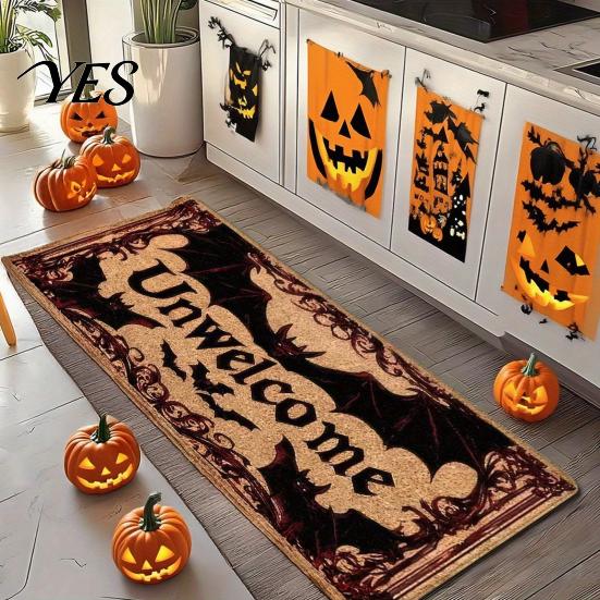 Halloween Themed Floor Rug Kitchen Rug, Pumpkin Bat Black Cat Non-slip Mat, Slip-resistant Mat Spooky Entrance Festive Decorative for Bedroom