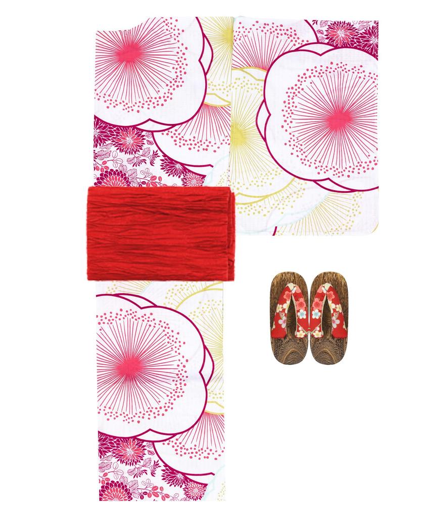 Юката комплект для девочек в стиле ретро с изменяемым плетением, комплект из 3 предметов, Heiko C, цвет сливы [KYOETSU] (Юката, Оби, Гета) (140 см, 6 слоев Эдо)