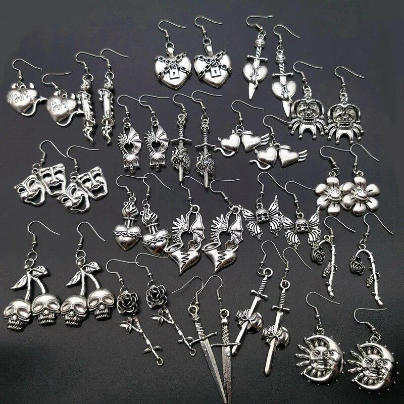 Металлические серьги-подвески в стиле панк-хип-хоп с бабочкой, черепом и цветком для мужчин и женщин, модные серьги в виде рок-креста, меча, сердца и пламени, ювелирные изделия
