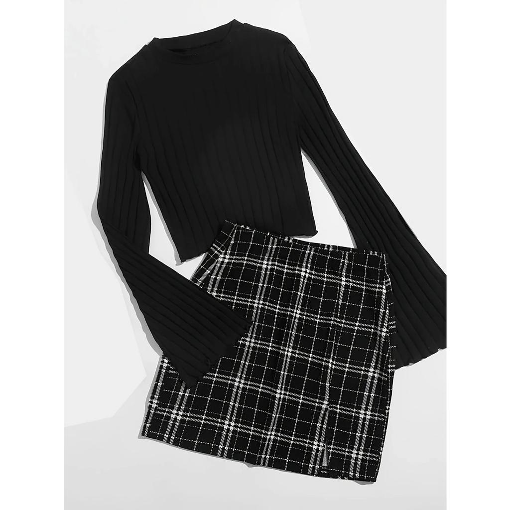 Повседневный комплект из двух частей юбки с цветными блоками, топ с круглым вырезом и длинными рукавами и клетчатые юбки, женская одежда