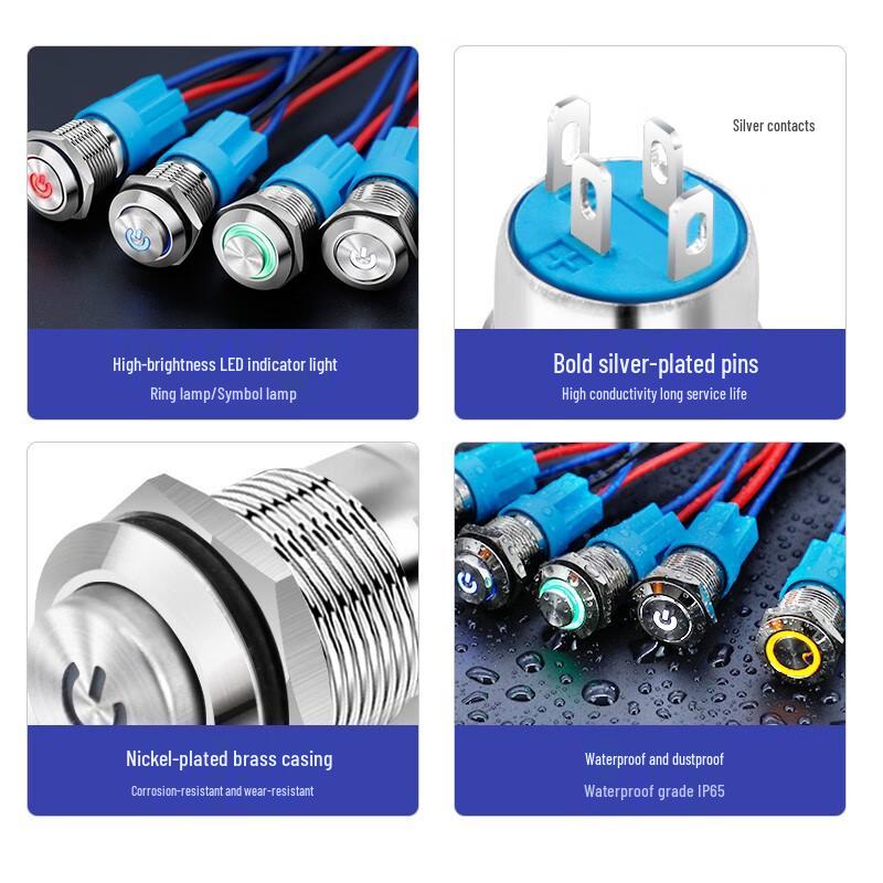 12mm Waterproof Metal Momentary Push Button Switch with Blue Annular LED