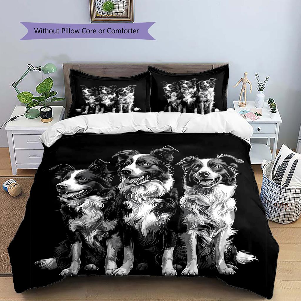 Black Border Collie Pattern Bedding Home Decoration Birthday Gift (1 * duvet cover + 2 * pillowcase, without core)
