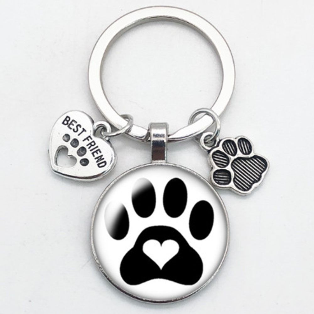 Love Cat Pet Footprints Car Key Chain Cartoon Key Holder Fashion Glass Cabochon Key Ring Men Women