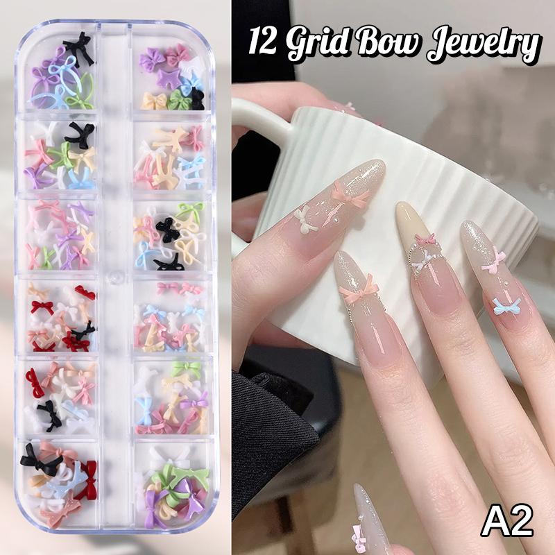 12 Grid Multiple Colors Bowknots Nail Art Charms Mini Adorable Line Bows Ties Resin Nail Decorations For Diy Earring Nail Suppli