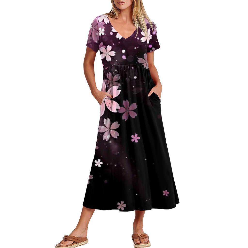 Women's Casual Dresses With Pockets, Flowing Maxi Skirt, Women's V Neck Short Sleeve Summer Maxi Dress