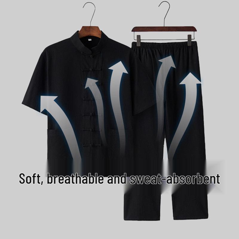 Мужской летний костюм для тай-чи из хлопка и льна – Комплект костюма тан с коротким рукавом