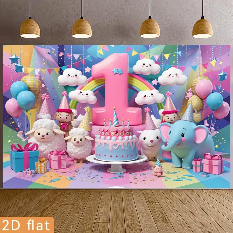 2D Фон для Фотосессии 1-го Дня Рождения Мультяшные Животные и Радуга Фон для Детского Праздника