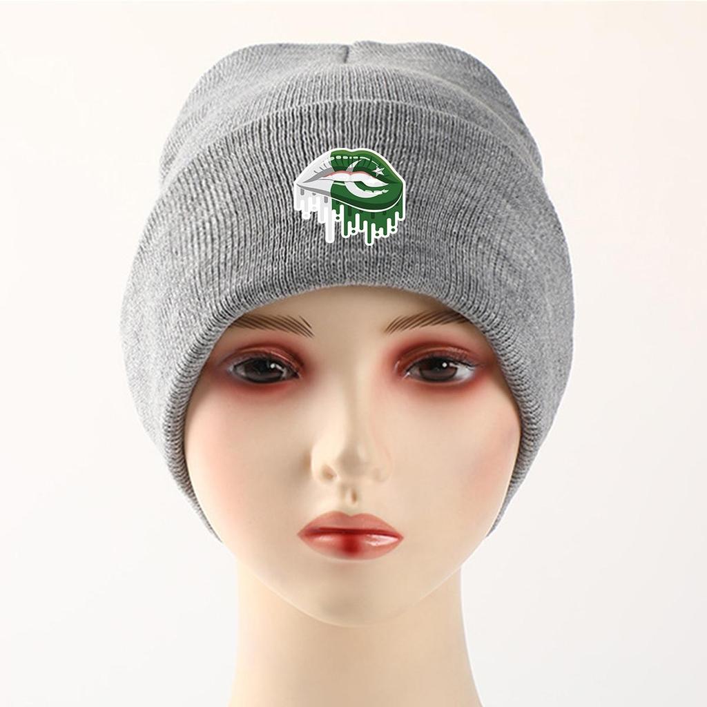 Lip Flag of Pakistan Print Knitted Cap Beanie, Patriotic Skullies Beanies Candy Color Cuff Solid Gorro Knit Hat Beanie