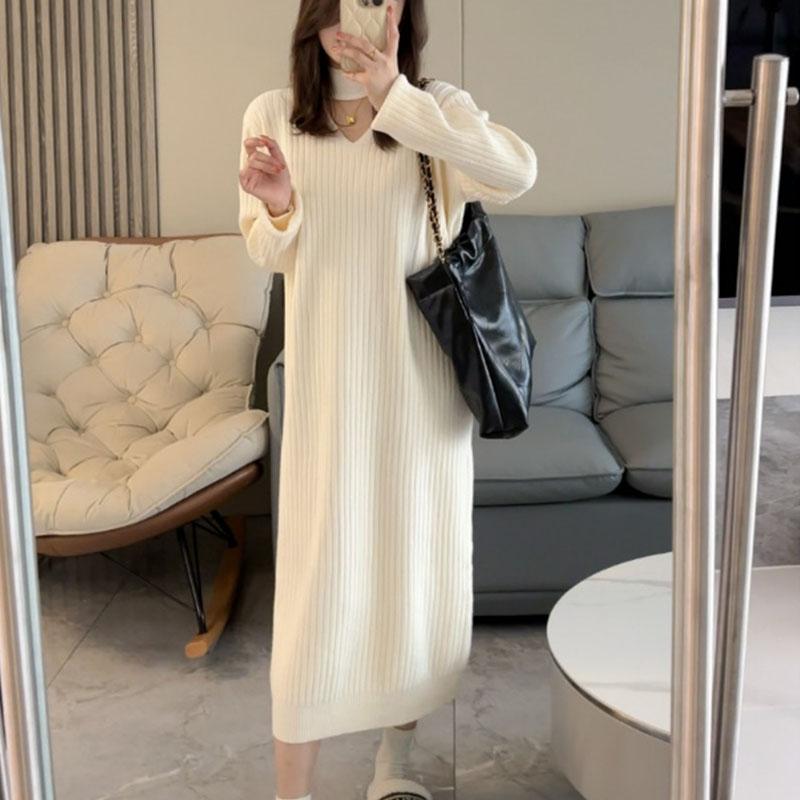 Высококачественное одинаковое пальто, вязаное длинное платье-свитер, женское осенне-зимнее свободное однотонное платье-свитер с v-образным вырезом, нишевое платье, пуловер, женский