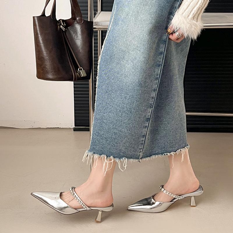 Мода 2025 Блестящие сандалии со стразами Женские туфли-мюли с ремешком Женские элегантные туфли-лодочки на каблуке с острым носком Женские роскошные вечерние туфли для вечеринки