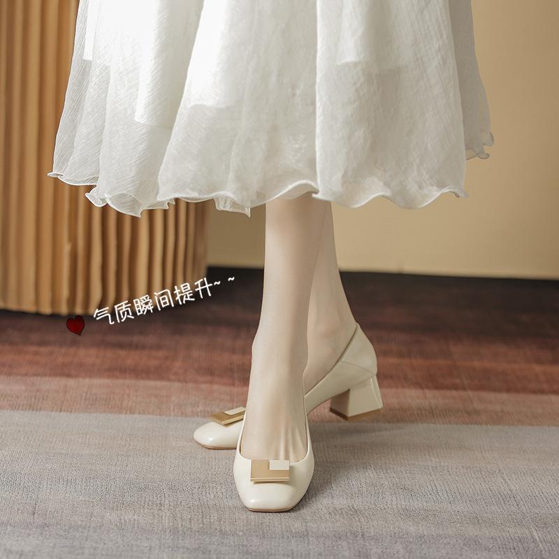Кожаная женская обувь весна и осень 2025 новый темперамент мягкая подошва толстый каблук средний каблук квадратный носок французские туфли-лодочки на высоком каблуке