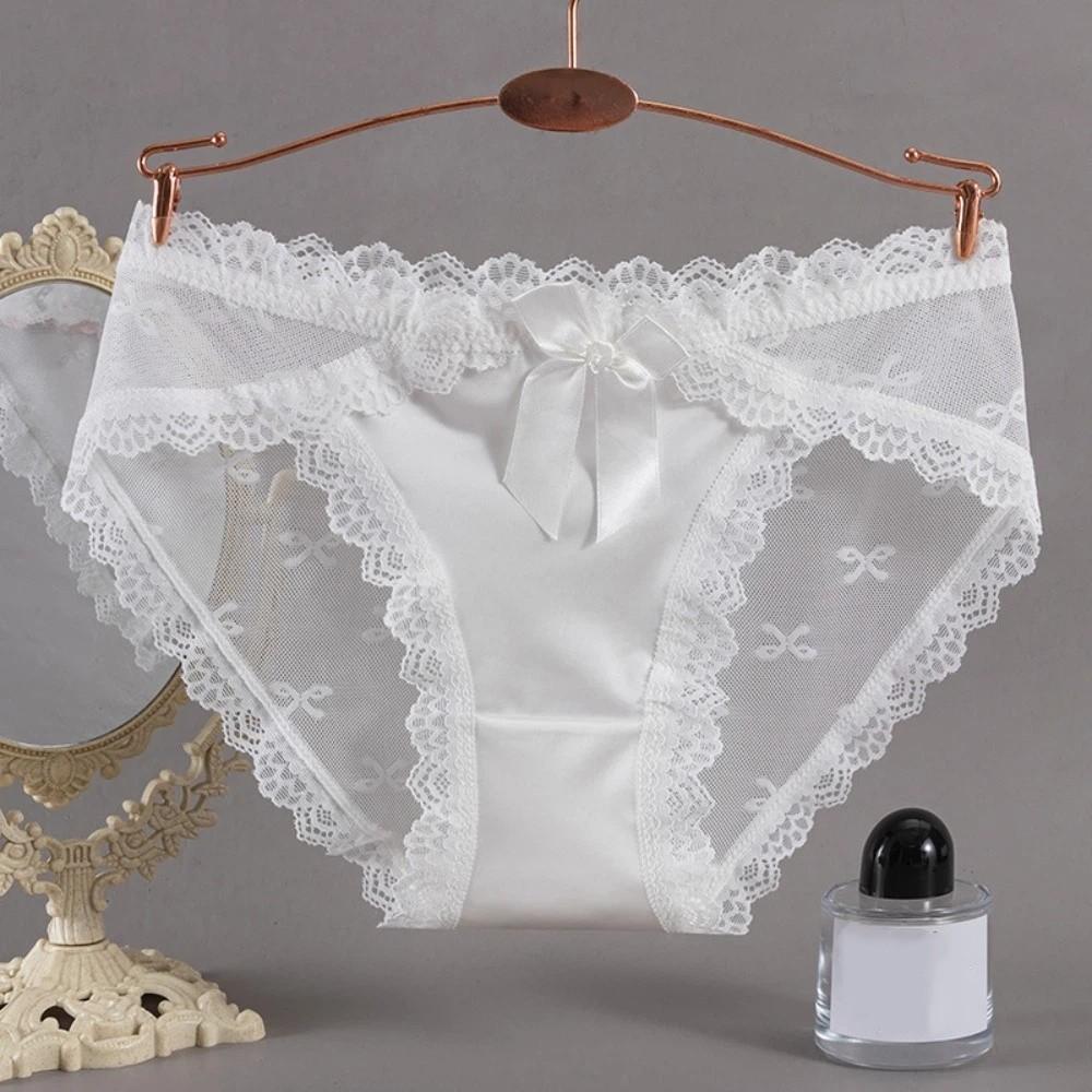 Breathable Low Waist Lace Panties Transparent Cotton Crotch Mesh Flower Briefs Lingerie Bow Lace Thin Underwear Lady