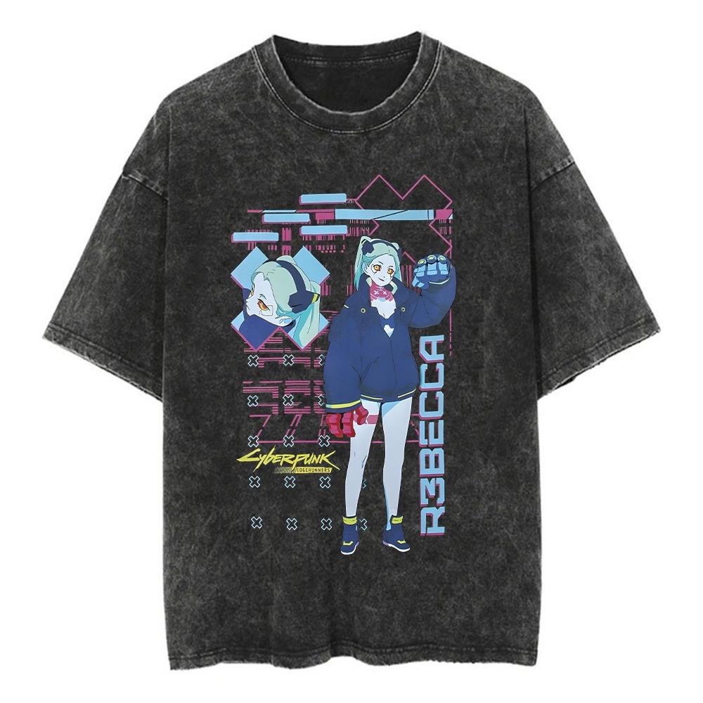 Игра Киберпанк ЛЮСИ Футболка Хлопок Вываренная Винтажная Футболка Оверсайз Харадзюку Уличный Повседневный Свободный Футболки с Коротким Рукавом