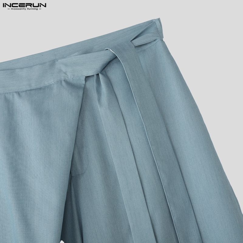 INCERUN Мужские повседневные брюки на шнуровке с запахом на талии, длинные брюки широкого кроя