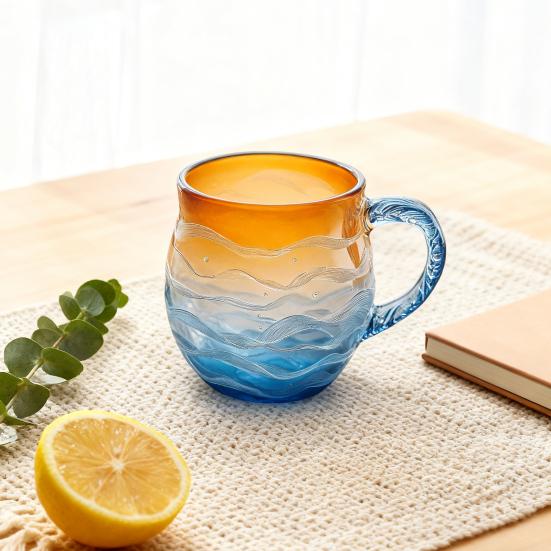 Yousheng Кружка «Закат над океаном» с волнистым узором, стакан для воды 350 мл, тематика океана, чашка для питья, художественная емкость для напитков для любителей пляжа
