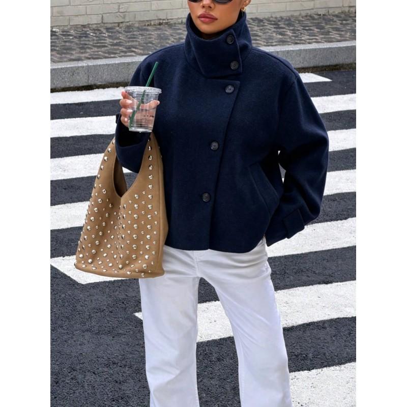 Womens Vintage Stand Collar Jacket Casual Solid Color Outerwear Fall Winter Petite Women