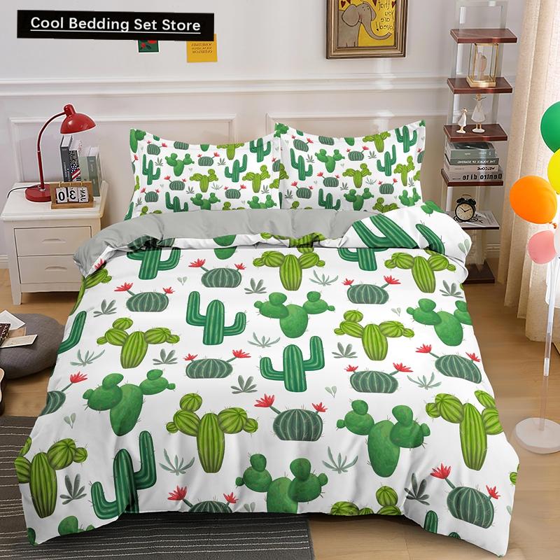 Пододеяльник Cactus King Queen Набор постельного белья с суккулентами для детей, подростков, взрослых Зеленый Ботанический с цветами 2/3 предмета Полиэстеровый пододеяльник