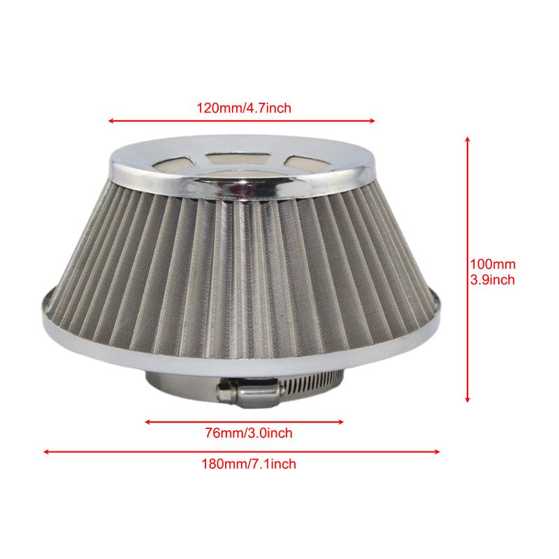 Cone Air Filter 76mm 3.0inch Stainless Steel Universal High Flow Mushroom Cover Sliver Washable Reusable Cold Air Intake Filter