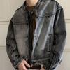 Men's Retro Stand Collar Denim Jacket - Japanese Style Washed Design for Couples, Trendy Spring and Autumn Wear.