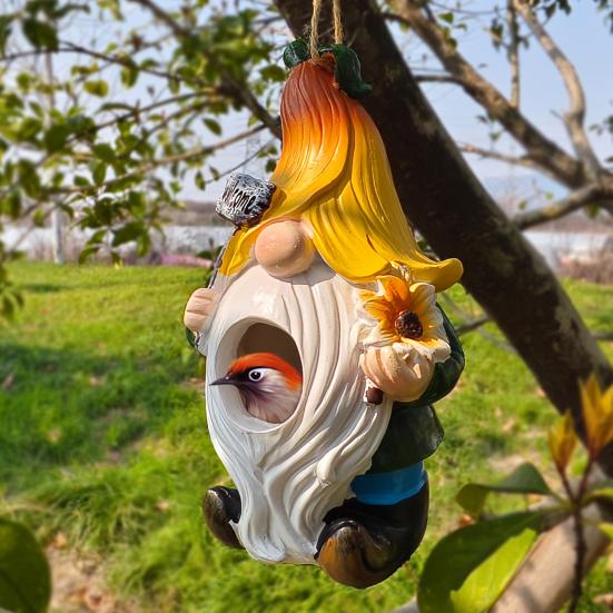 Статуэтка гнома Домик для птиц Устойчивый к погодным условиям Наружный Садовый Двор Подвесной Домик для птиц Снаружи Кормушка для колибри Украшение