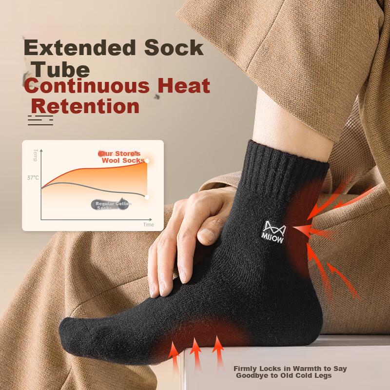Miiow 3 Pairs 35% Wool Men's Embroidered Terry Wool Socks Autumn Winter Fleece Lined Warm Anti-Cold Floor Socks