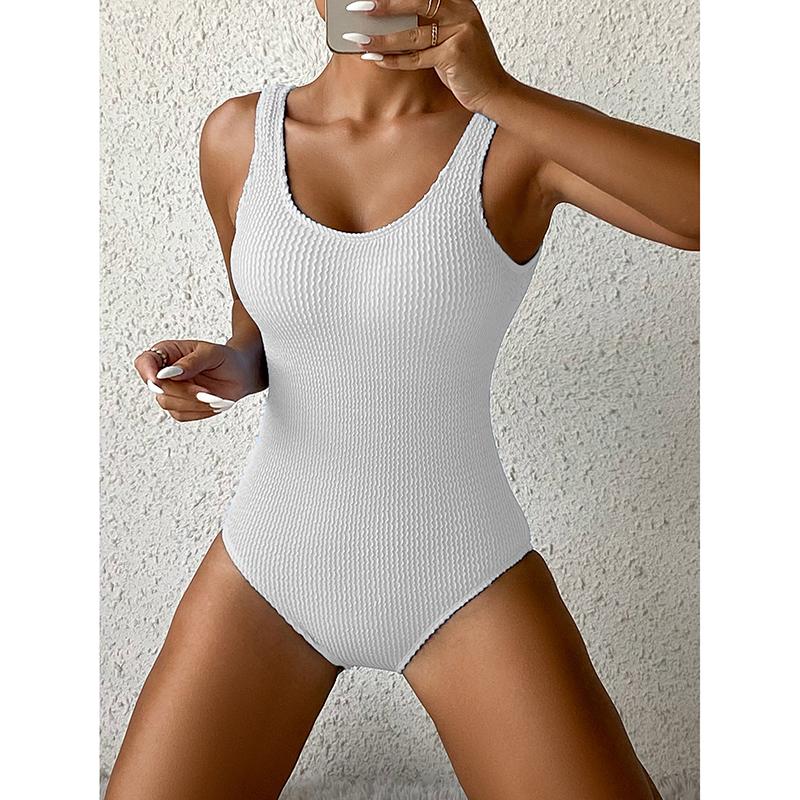 Summer Fashion Solid Color Fluorescent Pleated Fabric Wave Strip One-piece Swimsuit Beach Vacation Women's Swimsuit