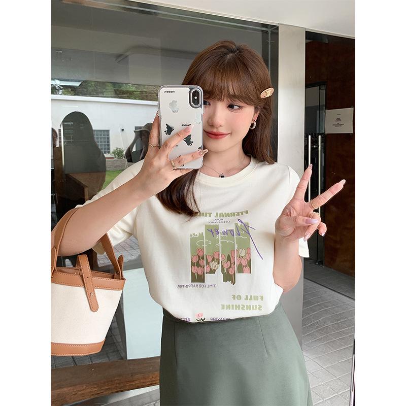 Plus Size Tulip Print Short Sleeve Loose Round Neck T-shirt for Women