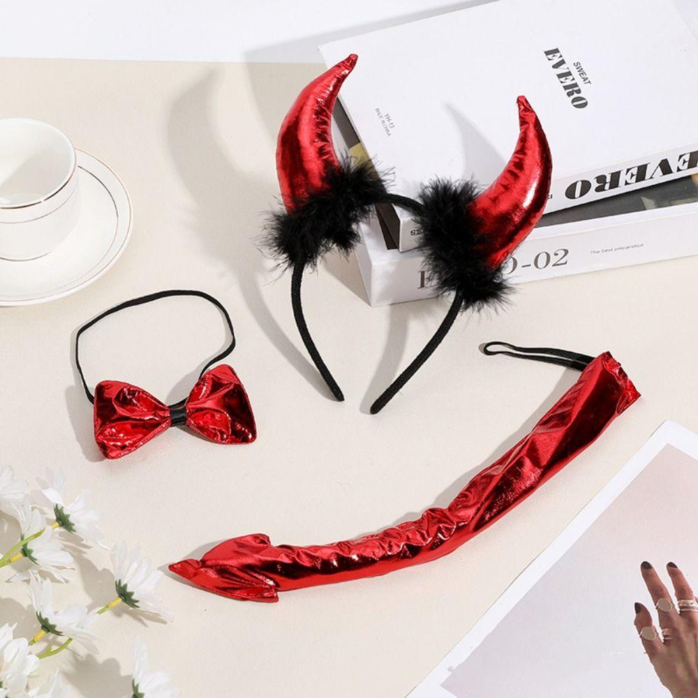 Cosplay Ox Horns Headband Black Feather Demon Hair Hoop Red Halloween Hair Band Women Men