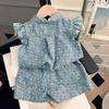 Детский повседневный комплект с джинсовым принтом, модный топ с расклешенными рукавами и шорты для девочек, детский костюм-двойка с цветочным принтом