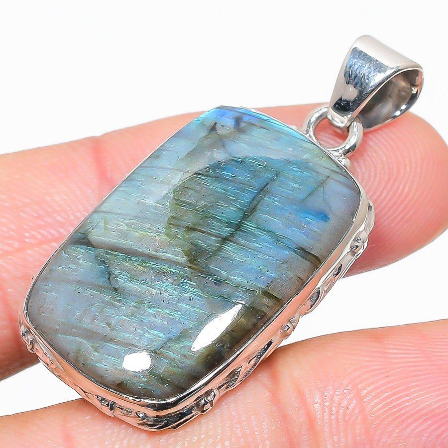 Natural Labradorite Gemstone 925 Solid Sterling Silver Gift Pendant 1.75" W8w45