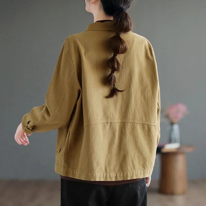 Cotton Jacket Women Autumn Short Casual Button Jacket Loose Simple Large Size Long Sleeve Tops