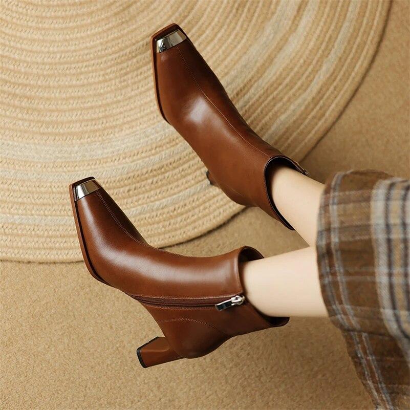 Meotina Женские ботильоны из натуральной кожи, шерстяные короткие сапоги на толстом высоком каблуке с квадратным носком, шерстяные короткие ботинки на молнии, женская обувь, зимняя обувь