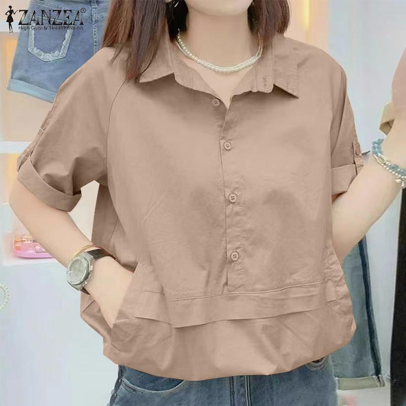 ZANZEA Женская повседневная летняя блузка с отложным воротником и коротким рукавом
