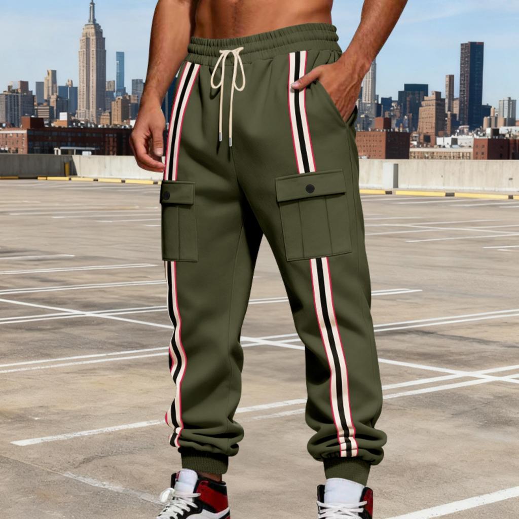 Men's Casual Heavy-duty Fleece American Pants, Men's Striped Color-blocking Retro Strapless Cargo Pants