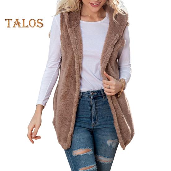 Женский зимний жилет с капюшоном, кардиган средней длины, жилет из искусственного меха, однотонное толстое теплое пальто без рукавов для повседневной носки на открытом воздухе