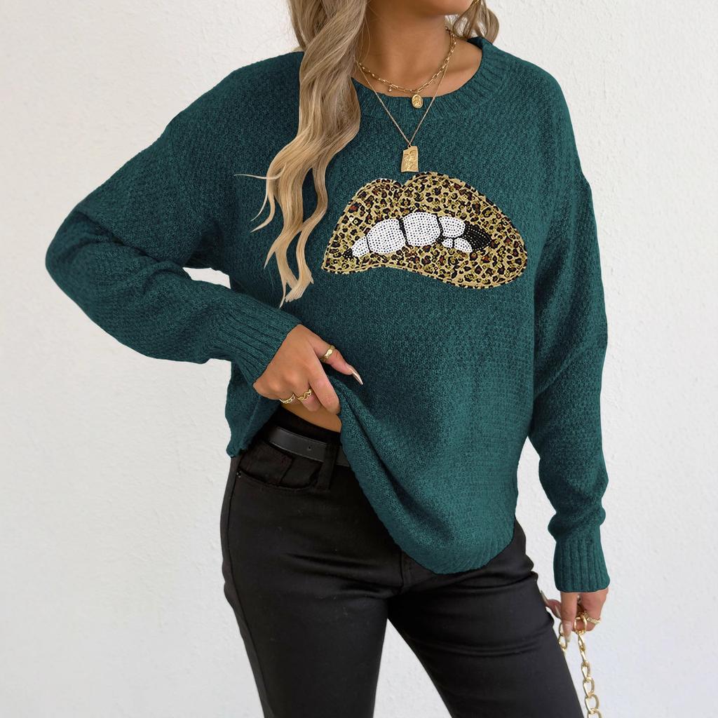 A Leopard Print Embroidered Sequined Lip Personalized Round-neck Pullover Sweater for Women