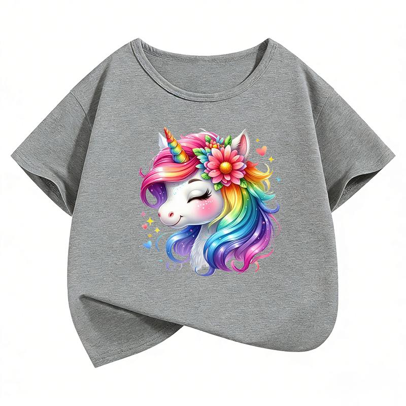 Fashion Horse with Rainbow Design TShirt Printed T Shirt Girls Summer Clothes Short Sleeve Tops TShirts Cute Girls Clothing