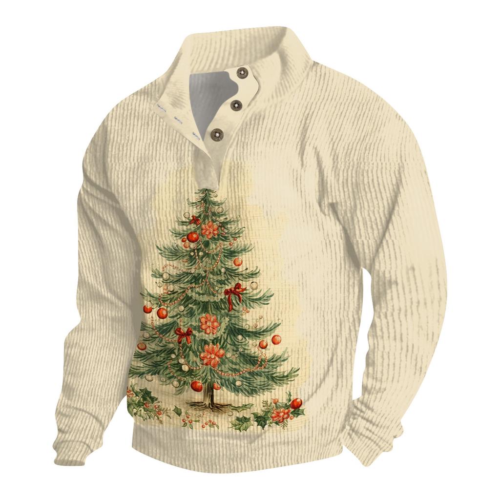 Мужская рождественская хлопковая рубашка-пуловер с длинным рукавом для активного отдыха, винтажная вельветовая рубашка с воротником-стойкой и пуговицами, повседневная толстовка с рождественским принтом