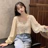 Корейская белая кружевная шифоновая рубашка для женщин, супер-фея, облегающий крой, короткий топ с открытым пупком и длинными рукавами